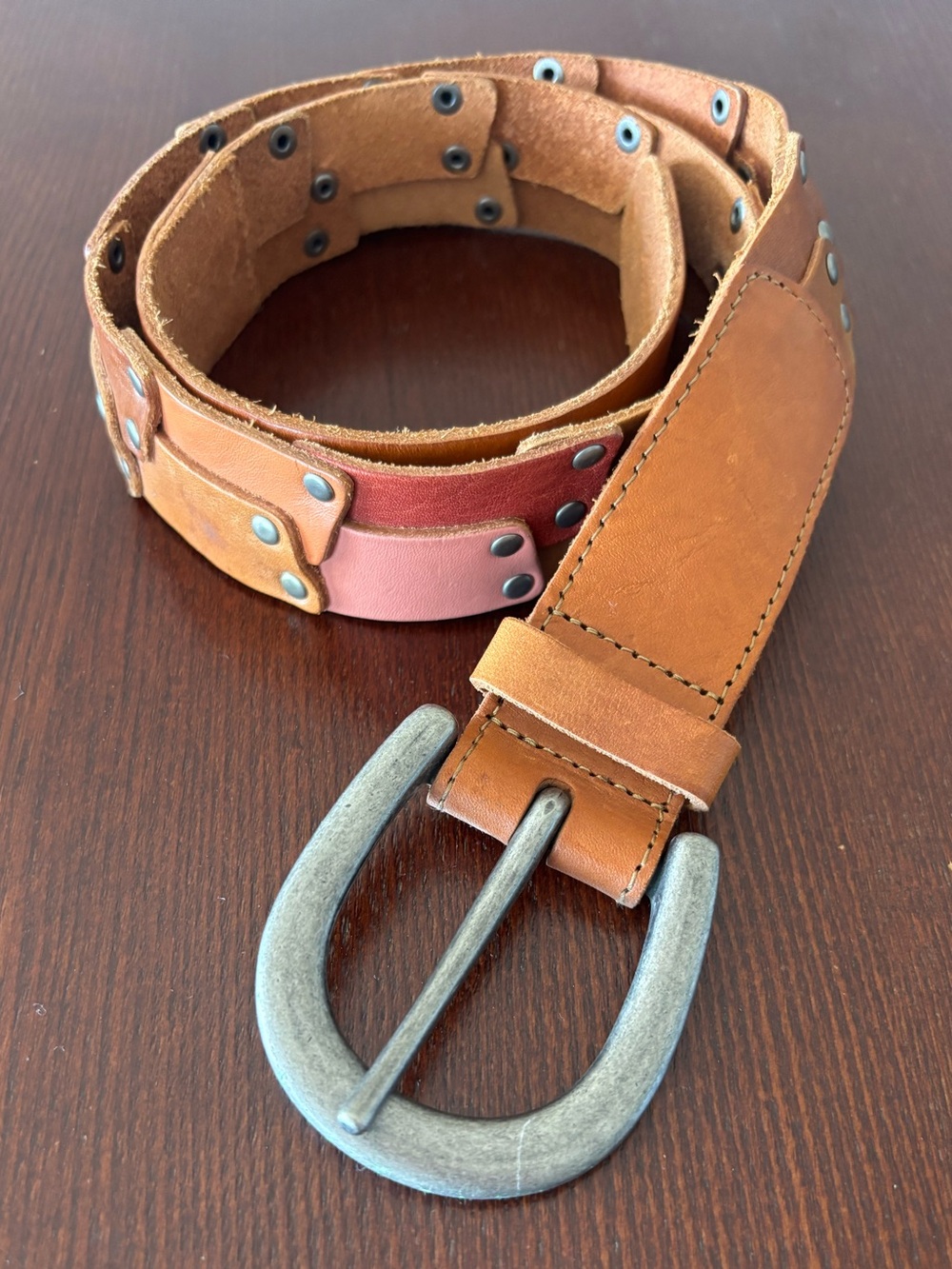 Fossil Puzzle Piece Leather Patchwork Rivet Belt Size Medium Y2K Vintage